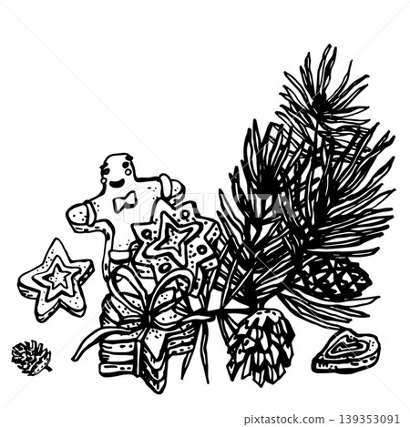 Pine branches with cones and gingerbread cookies Pine branches with cones and gingerbread cookies 139353091