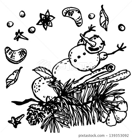 A black and white cartoon snowman, standing behind A black and white cartoon snowman, standing behind 139353092