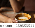 Wooden desktop pour-over latte art with heart-shaped latte art and camera 139353511