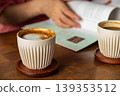 Wooden desktop pour-over latte art with heart-shaped latte art and camera 139353512