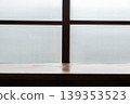 A Japanese-style coffee shop with a wooden bar counter by frosted glass windows and a blank still-life background. 139353523