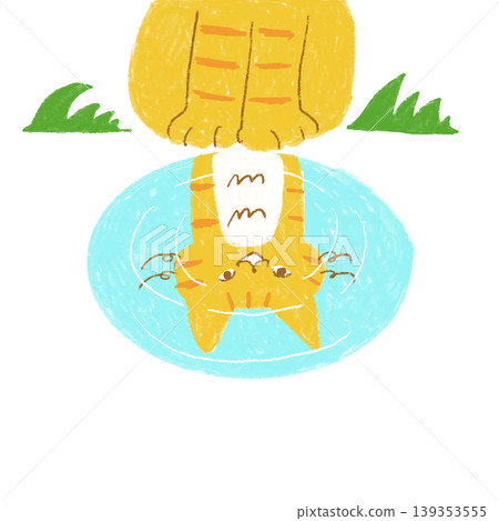 A cute illustration of a cat with a happy expression reflected in a puddle after the rain, perfect for use as an illustration on a rainy day. Rainy season theme. A cute illustration of a cat with a happy expression reflected in a puddle after the rain, perfect for use as an illustration on a rainy day. Rainy season theme. 139353555