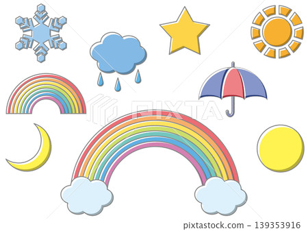 Weather and sky icon set (rainbow, sun, clouds, rain, snow, moon, star, umbrella) Weather and sky icon set (rainbow, sun, clouds, rain, snow, moon, star, umbrella) 139353916