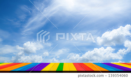 Background Nature Happy pride month LGBT Studio Sky Pastel Space Scene Empy Table , Blue Sky Abstract Freedom Banner event Template Happy Celebration Poster Rainbow Colorful. 139354060