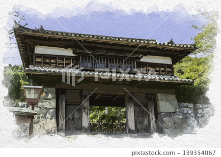 大分縣佐木市佐木城遺址三之丸城門的水彩畫。 139354067