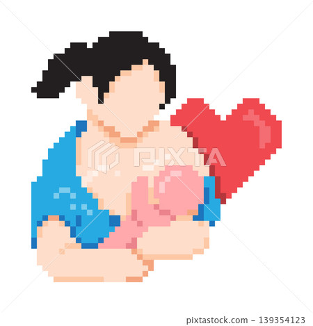 Pixel art of a mother breastfeeding her baby with a red heart symbol, representing maternal bond and nutrition. Vector illustration. 139354123