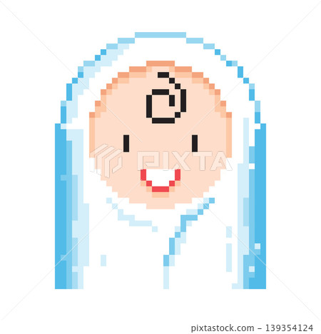 Pixel art of a happy newborn baby wrapped snugly in a white and blue swaddle blanket. Pixel art of a happy newborn baby wrapped snugly in a white and blue swaddle blanket. 139354124