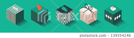 Five isometric gift boxes with patterns Five isometric gift boxes with patterns 139354246