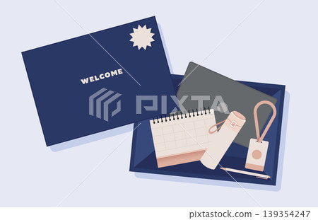 Corporate onboarding welcome kit box with office supplies Corporate onboarding welcome kit box with office supplies 139354247