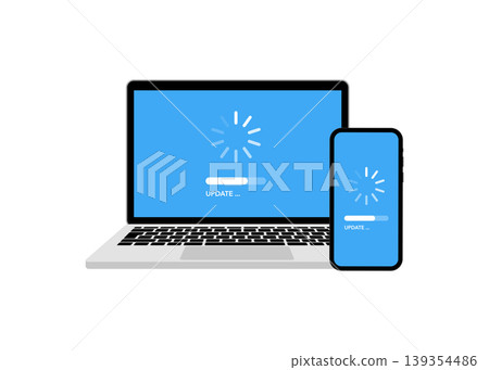 System software updates, data updates or synchronisations with a progress bar on the screen. Vector illustration, stock illustration. System software updates, data updates or synchronisations with a progress bar on the screen. Vector illustration, stock illustration. 139354486