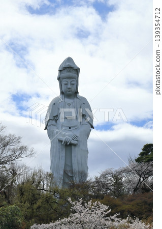 View of Takasaki Hyakue Kannon from beneath a cherry tree 139354712