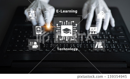 Innovative Digital Learning Concept with Abstract Icons Representing E-Learning and Technology on Laptop Keyboard, Hands, and Futuristic Design Cyphers. Innovative Digital Learning Concept with Abstract Icons Representing E-Learning and Technology on Laptop Keyboard, Hands, and Futuristic Design Cyphers. 139354945