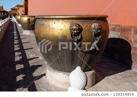 Forbidden City large metal water container to store water as fire extinguisher in case of fire breakout. 139354954