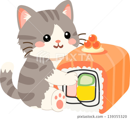 Cute grey kitten hugging salmon sushi with salmon roe. Kawaii cartoon cat with salmon roll and ikura sushi 139355320