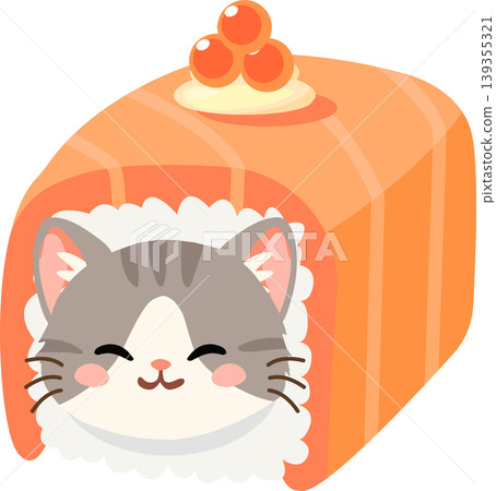 A cute kitten in a salmon sushi roll with ikura. Smiling cat wrapped in salmon sushi with rice and roe A cute kitten in a salmon sushi roll with ikura. Smiling cat wrapped in salmon sushi with rice and roe 139355321