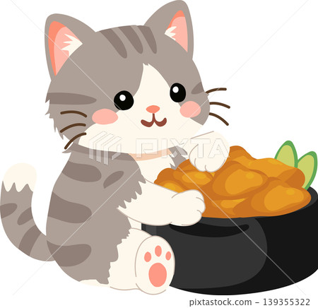 Cute gray tabby kitten holding uni sushi. Kawaii cat with sea urchin roe gunkan Cute gray tabby kitten holding uni sushi. Kawaii cat with sea urchin roe gunkan 139355322