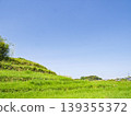 Gazing upon the eternal passage of time. The lush green burial mounds and the clear blue sky. 139355372