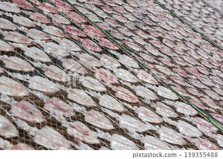 Rows of squid laid on nets for sun drying showing traditional seafood preservation method texture and coastal food processing industry Rows of squid laid on nets for sun drying showing traditional seafood preservation method texture and coastal food processing industry 139355488