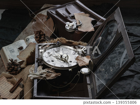 At the heart of this "memento mori" lies a fractured clock face, its glass shattered like frozen winters and its hands entangled in skeletal flora a silent testament to nature reclamation of time. At the heart of this "memento mori" lies a fractured clock face, its glass shattered like frozen winters and its hands entangled in skeletal flora a silent testament to nature reclamation of time. 139355806