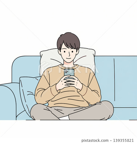 Illustration of a man sitting cross-legged on a couch, focused on his smartphone, showcasing modern leisure and digital engagement. Illustration of a man sitting cross-legged on a couch, focused on his smartphone, showcasing modern leisure and digital engagement. 139355821