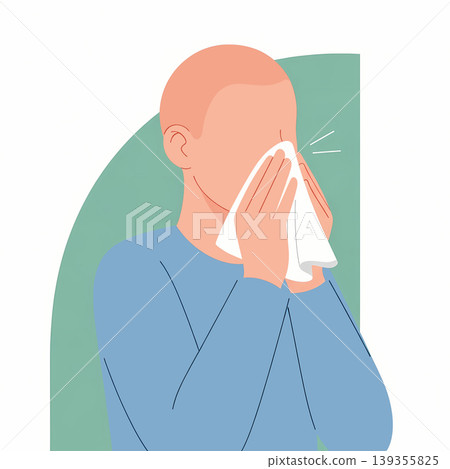 Illustration of a person holding a tissue to their face, possibly indicating illness, allergies, or emotional distress. The figure is depicted with a simple, clean design. Illustration of a person holding a tissue to their face, possibly indicating illness, allergies, or emotional distress. The figure is depicted with a simple, clean design. 139355825