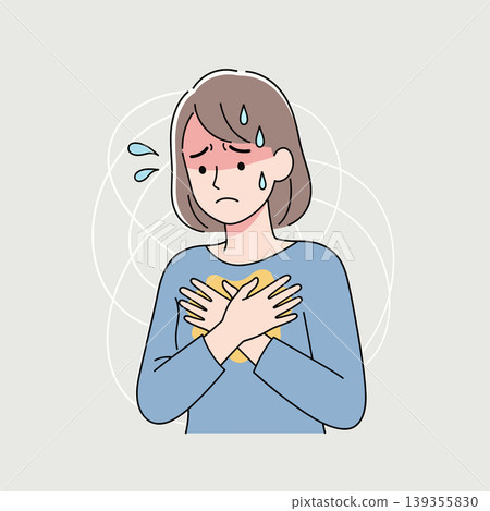 Illustration of a woman with a worried expression, clasping her chest, sweating, and experiencing anxiety or discomfort. Illustration of a woman with a worried expression, clasping her chest, sweating, and experiencing anxiety or discomfort. 139355830