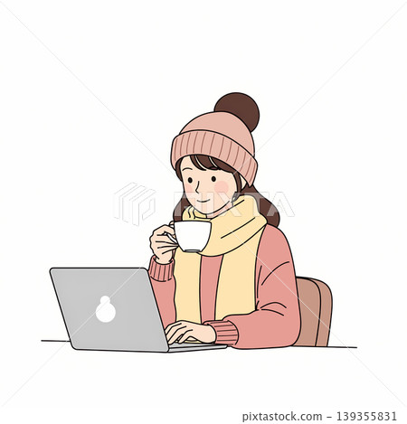 Illustration of a girl wearing a winter hat and scarf, working on a laptop while holding a cup of coffee, showcasing a cozy and productive scene. Illustration of a girl wearing a winter hat and scarf, working on a laptop while holding a cup of coffee, showcasing a cozy and productive scene. 139355831