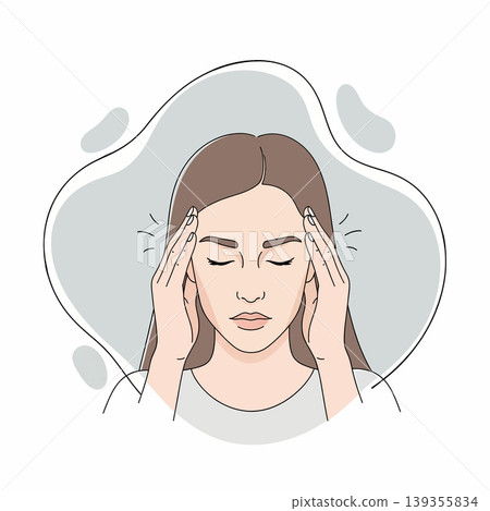 Illustration of a woman with a headache, touching her temples, indicating pain and discomfort. The image conveys stress, migraine, or tension. Illustration of a woman with a headache, touching her temples, indicating pain and discomfort. The image conveys stress, migraine, or tension. 139355834