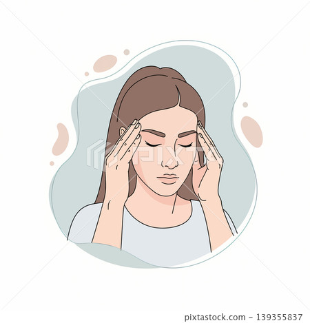A woman with closed eyes is depicted holding her temples, suggesting she is experiencing a headache or stress. The illustration conveys discomfort and pain. A woman with closed eyes is depicted holding her temples, suggesting she is experiencing a headache or stress. The illustration conveys discomfort and pain. 139355837