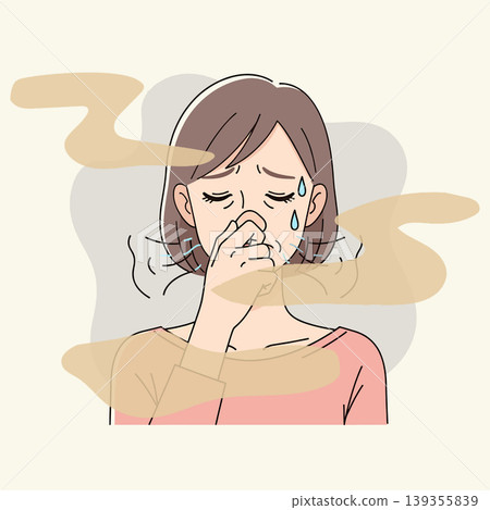 A woman is covering her nose with her hand, indicating a bad smell. She has a sad expression and tears in her eyes, surrounded by swirls of odor. A woman is covering her nose with her hand, indicating a bad smell. She has a sad expression and tears in her eyes, surrounded by swirls of odor. 139355839