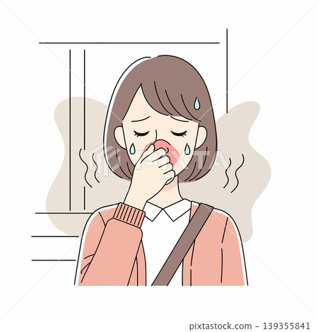 A woman is holding her nose and appears nauseous, possibly due to a bad smell. She has tears in her eyes and a look of discomfort on her face. A woman is holding her nose and appears nauseous, possibly due to a bad smell. She has tears in her eyes and a look of discomfort on her face. 139355841