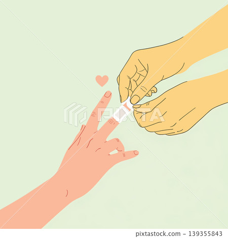 Illustration of hands applying a bandage to a finger, symbolizing care, healing, and affection. The scene is depicted with a minimalist style and soft colors. 139355843