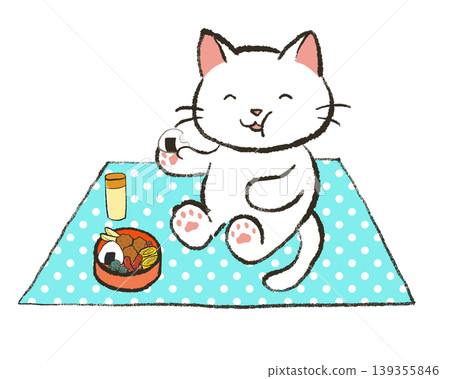 A white cat eating a picnic lunch. A white cat eating a picnic lunch. 139355846