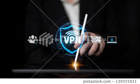 A modern depiction of digital security featuring VPN protection, highlighting data privacy on a tablet device, illustrating themes in cybersecurity and technology. Sigmoid 139355931