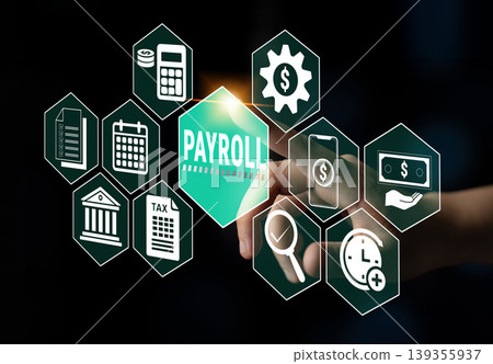 Digital Concept of Payroll Management with Various Financial Icons Highlighting Tax, Salary, Banking, and Calculation Processes in Modern Business Environment Fluxor 139355937