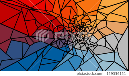 Abstract geometric mosaic featuring a vibrant color gradient transitioning from warm reds and oranges to cool blues and grays, defined by sharp angular shapes and black outlines. Abstract geometric mosaic featuring a vibrant color gradient transitioning from warm reds and oranges to cool blues and grays, defined by sharp angular shapes and black outlines. 139356131
