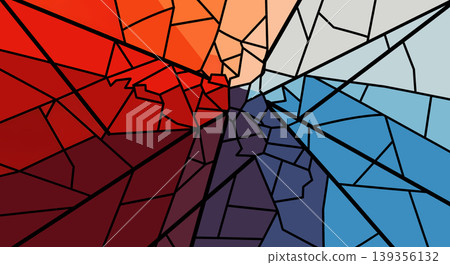 An abstract design resembling stained glass, featuring sections of red, white, and blue separated by black lines, creating a fragmented yet cohesive visual. An abstract design resembling stained glass, featuring sections of red, white, and blue separated by black lines, creating a fragmented yet cohesive visual. 139356132