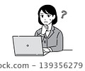 A young woman in a suit sits in front of her computer, hand on chin, looking puzzled. (Office worker) 139356279