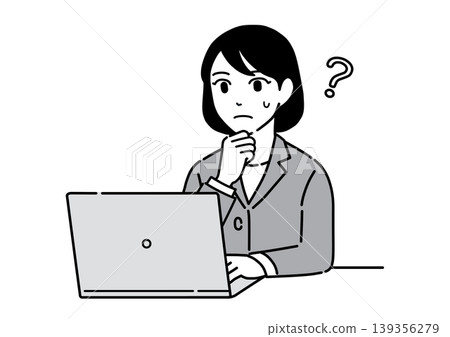 A young woman in a suit sits in front of her computer, hand on chin, looking puzzled. (Office worker) A young woman in a suit sits in front of her computer, hand on chin, looking puzzled. (Office worker) 139356279