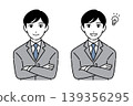 A young man in a suit with his arms crossed; positive; two different facial expressions. 139356295