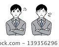 A young man in a suit with his arms crossed; negative; two different facial expressions. 139356296