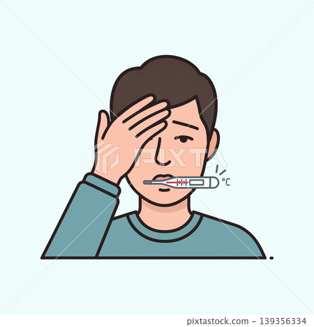 Illustration of a person feeling unwell, holding their forehead, and measuring their temperature with a thermometer in their mouth, indicating a fever. Illustration of a person feeling unwell, holding their forehead, and measuring their temperature with a thermometer in their mouth, indicating a fever. 139356334