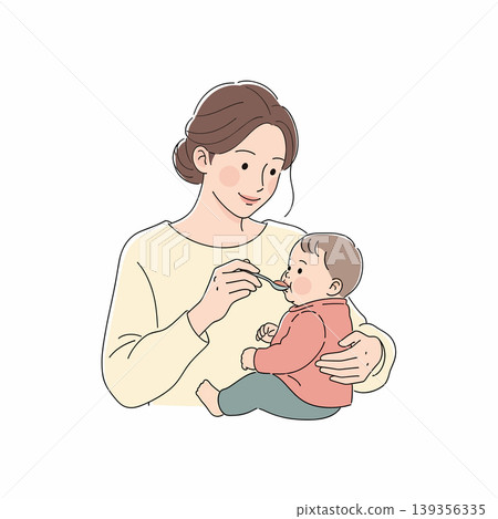 Illustration of a mother feeding her baby with a spoon, showing a nurturing and caring moment. The mother is holding the baby and gently feeding them. Illustration of a mother feeding her baby with a spoon, showing a nurturing and caring moment. The mother is holding the baby and gently feeding them. 139356335