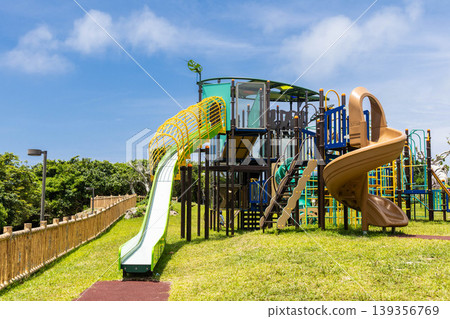 Scenery with playground equipment in the park 139356769