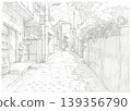 Peaceful Japanese narrow street alleyway with buildings and utility poles pencil sketch 139356790