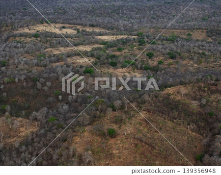 Dry landscape with sparse trees in a rural area during the day Dry landscape with sparse trees in a rural area during the day 139356948