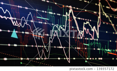 Financial stock market dashboard. Abstract technical analysis graph with red and green candlestick charts, fluctuating lines and trading indicators. Financial stock market dashboard. Abstract technical analysis graph with red and green candlestick charts, fluctuating lines and trading indicators. 139357172
