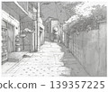 Quiet residential alley in Japan with utility poles and power lines pencil sketch 139357225