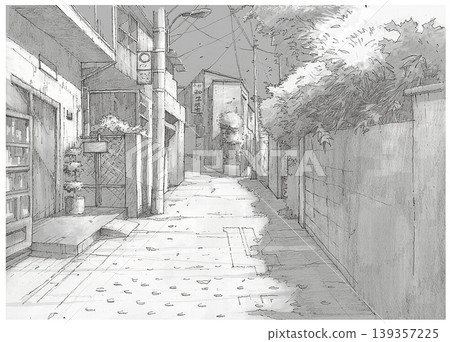 Quiet residential alley in Japan with utility poles and power lines pencil sketch Quiet residential alley in Japan with utility poles and power lines pencil sketch 139357225