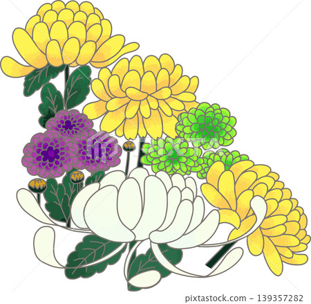 Chrysanthemum bouquet illustration material - Yellow, white, purple, green (4 colors) - Japanese style - Corner material - Hand-drawn style - Autumn/Equinox - White background Chrysanthemum bouquet illustration material - Yellow, white, purple, green (4 colors) - Japanese style - Corner material - Hand-drawn style - Autumn/Equinox - White background 139357282